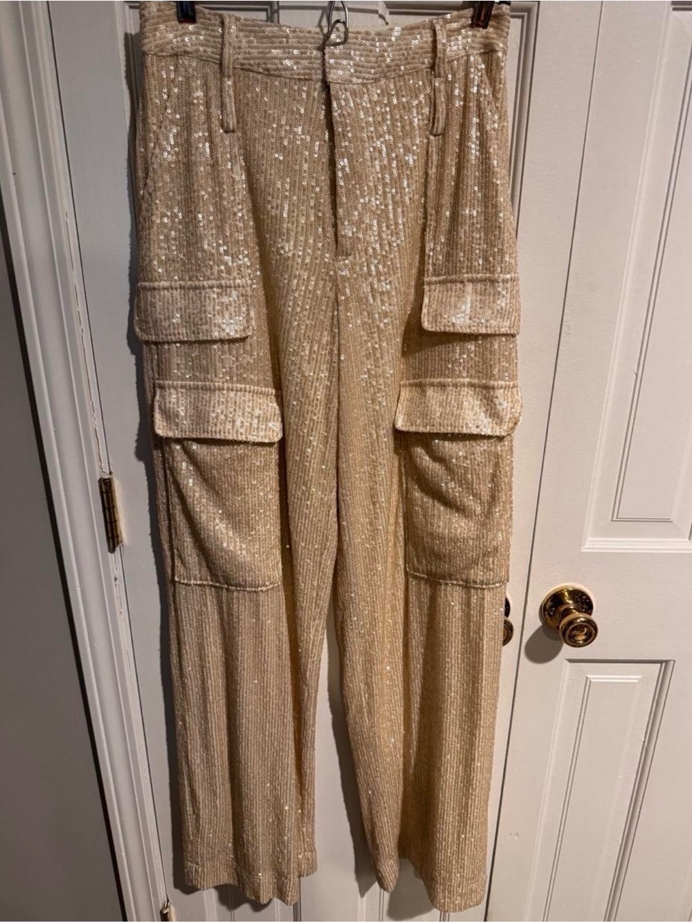 The Noli Shop Pearl Milan Allover Sequin Wide Leg Cargo Pants 0